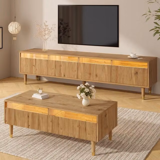 Set soggiorno 2 pezzi: mobile TV 4 ante e tavolino 2 cassetti; LED; MDF; colore legno
