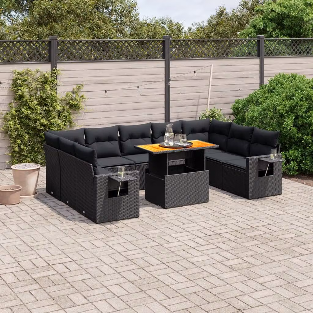 Set di divani da giardino vidaXL in polyrattan nero con 10 pezzi e cuscini inclusi – 1