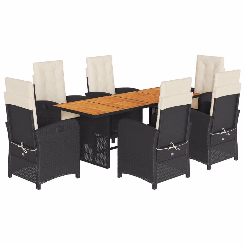 Set da Pranzo da Giardino 7 pz Nero con Cuscini in Polyrattan