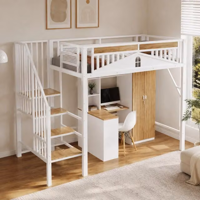 Letto a castello in metallo 90x200 cm con protezione sicurezza a finestra e scaletta antiscivolo, colore bianco
