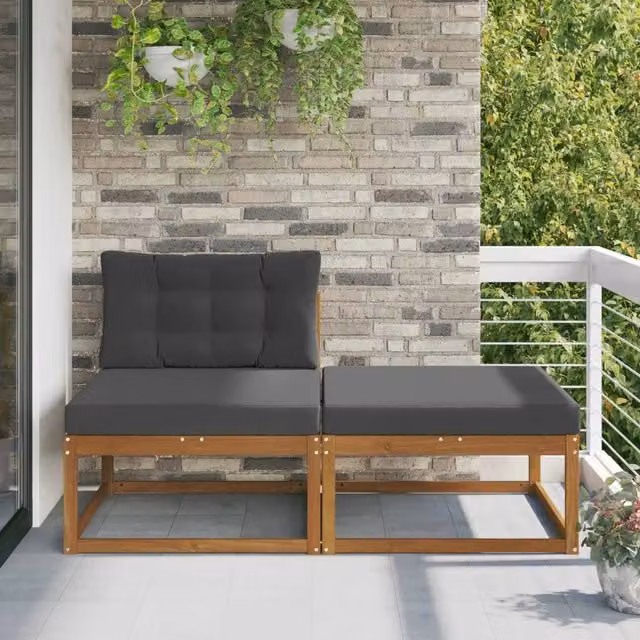 Divano da giardino componibile a L con pouf e cuscini, struttura in legno di acacia e tessuto impermeabile, colore marrone o grigio