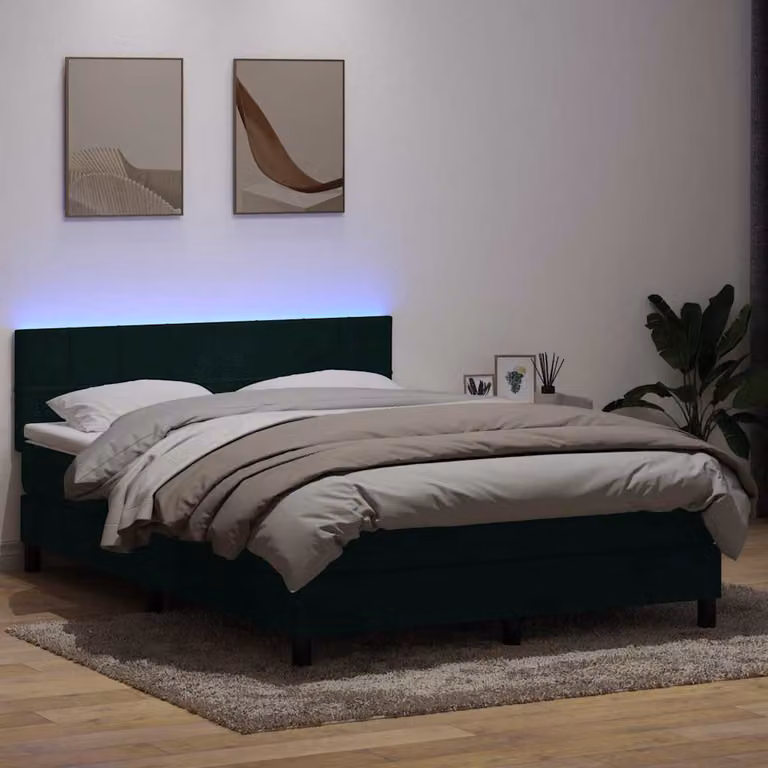 Letto a molle con materasso vidaXL in velluto verde scuro con illuminazione LED e porte USB, L/P/H: 160 x 220 x 88 cm