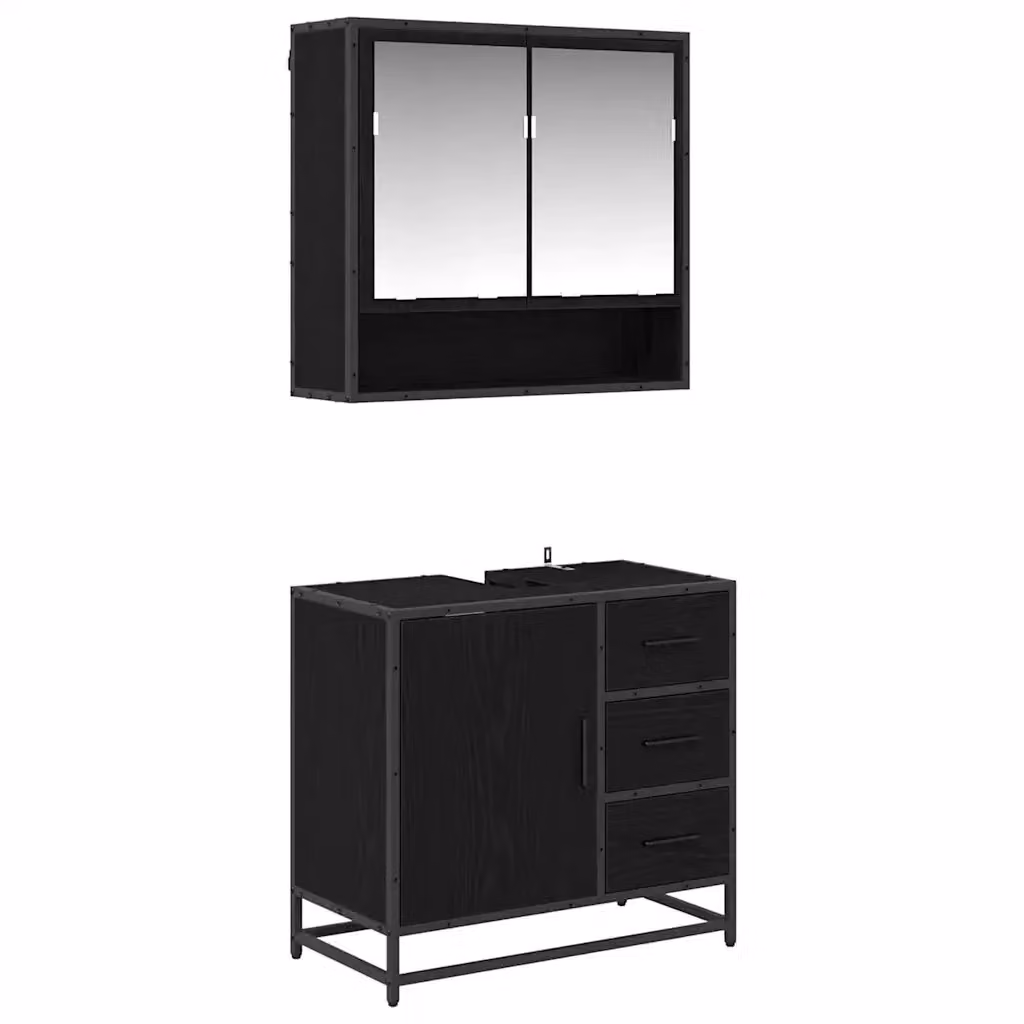 Set di mobili per il bagno vidaXL composto da mobile lavabo e armadietto con specchio, colore nero e rovere, L: 65 cm, P: 33 cm, H: 60 cm – 2