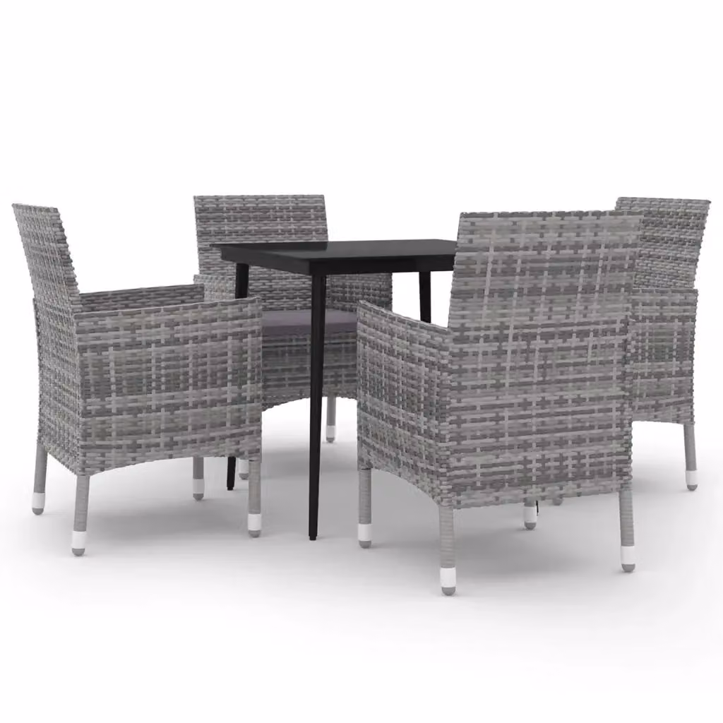 Set da Pranzo per Giardino 5 Pezzi vidaXL in Polyrattan con Cuscini e Tavolo in Vetro, Grigio e Nero – 2