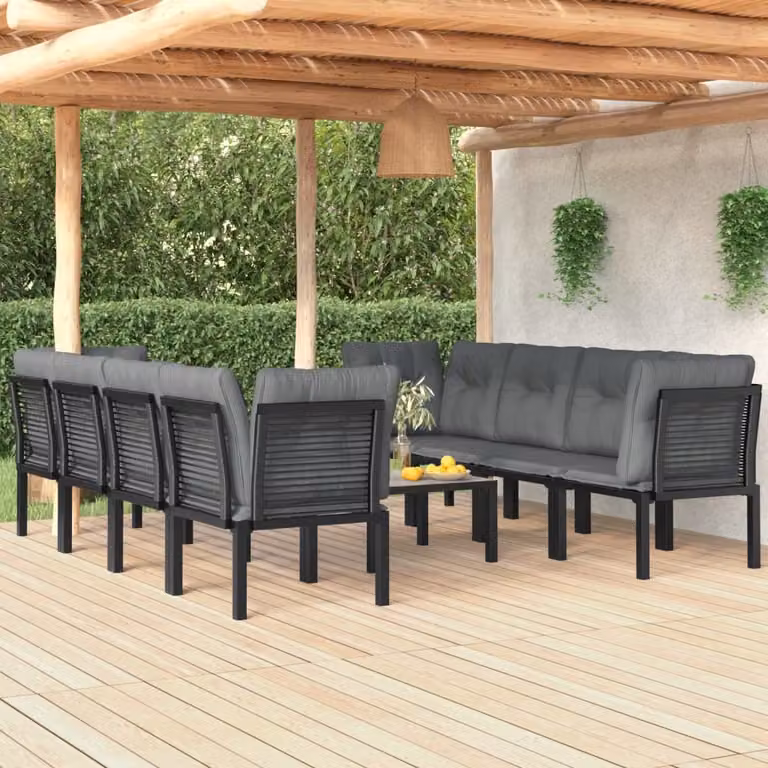 Set Salotto da Giardino vidaXL 9 pz in Polyrattan Nero e Grigio con Cuscini e Tavolino da Caffè