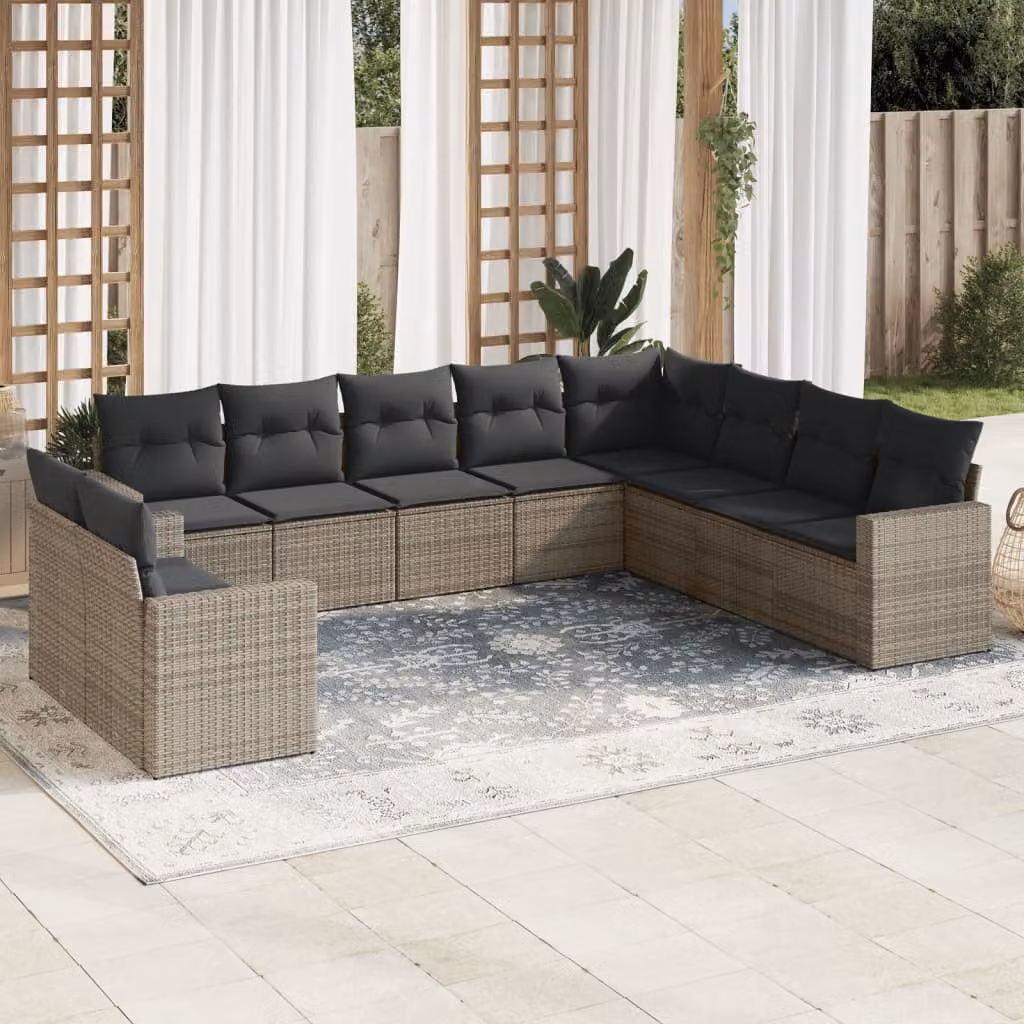 Set Divano da Giardino vidaXL 10 pz in Polyrattan Grigio con Cuscini Imbottiti – 1