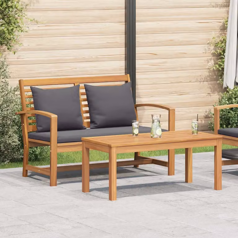 Panchina da giardino vidaXL in legno di teak con cuscini, Marrone e Grigio, L: 110 cm, P: 66 cm, H: 76 cm