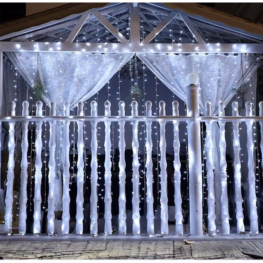 Luci a LED a cascata, bianco freddo, 2x2 metri, alimentate a batteria, per interni ed esterni