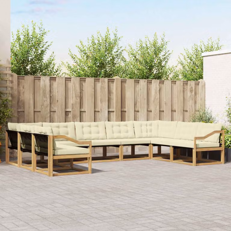 vidaXL Set di divani da esterno moderno a L composto da 9 pezzi in legno di acacia e tessuto textilene, colori bianco, beige e marrone