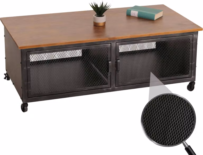 Tavolino da divano MCW-N28, con ruote, 2 scomparti, struttura 3D in stile industriale retrò, realizzato in metallo e legno, dimensioni 45x120x60 cm, disponibile nei colori nero e marrone