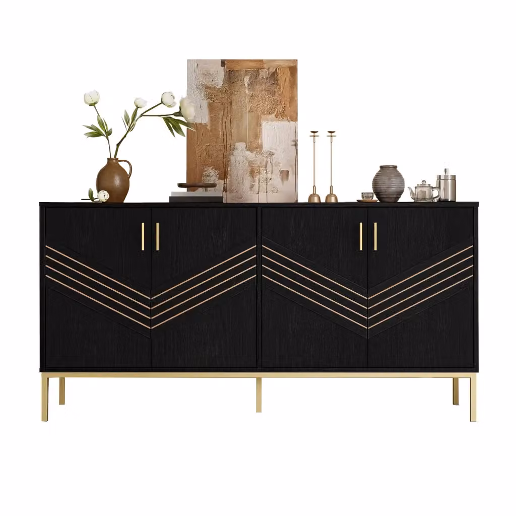 Credenza Chicfurn Moderna in MDF con 4 Ante e 2 Ripiani Regolabili per Soggiorno o Sala da Pranzo, Colore Nero e Oro, L: 160 cm, P: 40 cm, H: 80,5 cm – 2