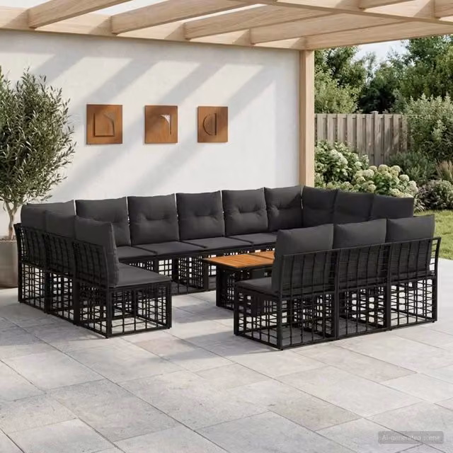 Set Divano da Giardino Moderno vidaXL in Polyrattan con Cuscini e Tavolino, 14 Pezzi, Nero e Grigio – 1