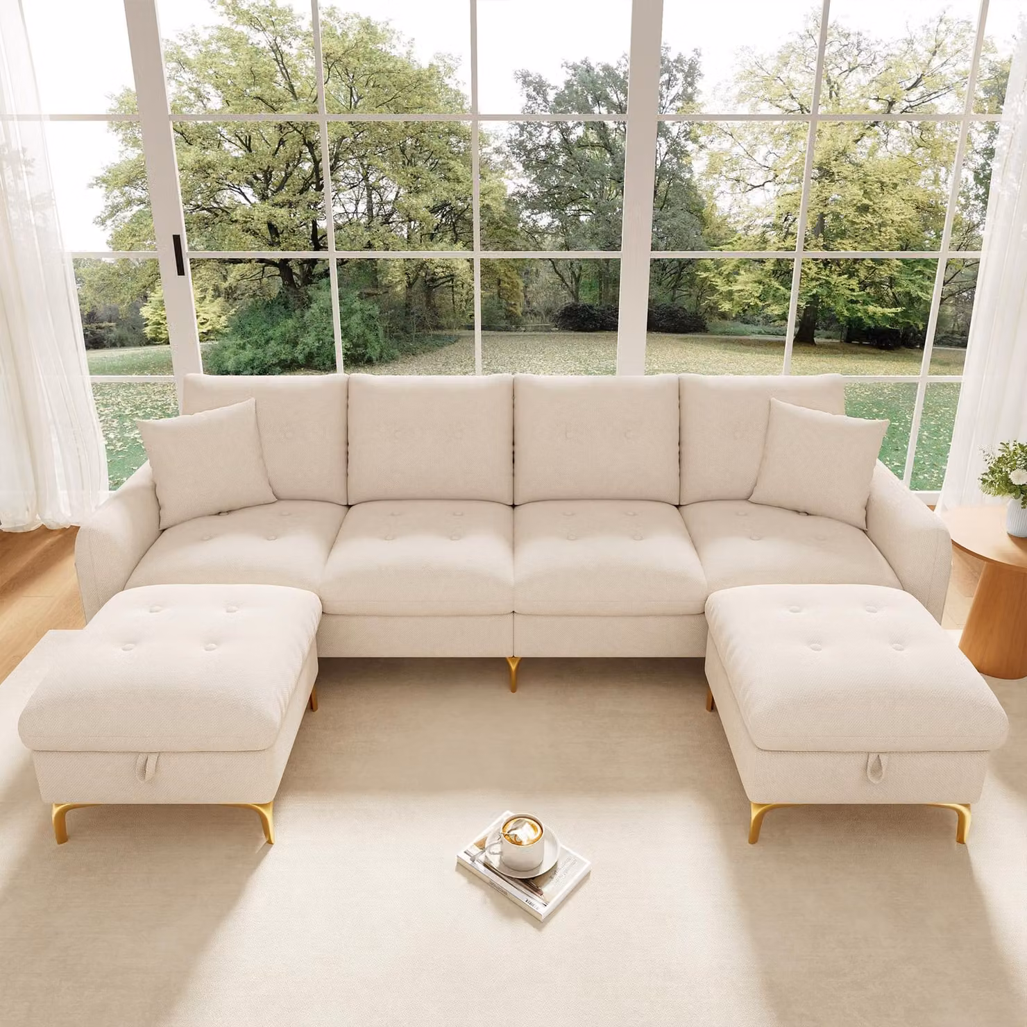 Divano letto modulare a forma di U, beige, dimensioni 263x137x85 cm, rivestito in chenille, con 2 poggiapiedi contenitori, cuscini seduta rimovibili e 2 cuscini decorativi per il soggiorno