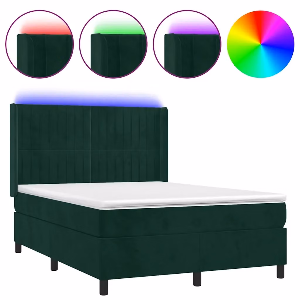Letto matrimoniale con materasso ibrido vidaXL in velluto verde scuro con illuminazione LED sottostante e porte USB, L/P/H: 140 x 190 x 128 cm – 2