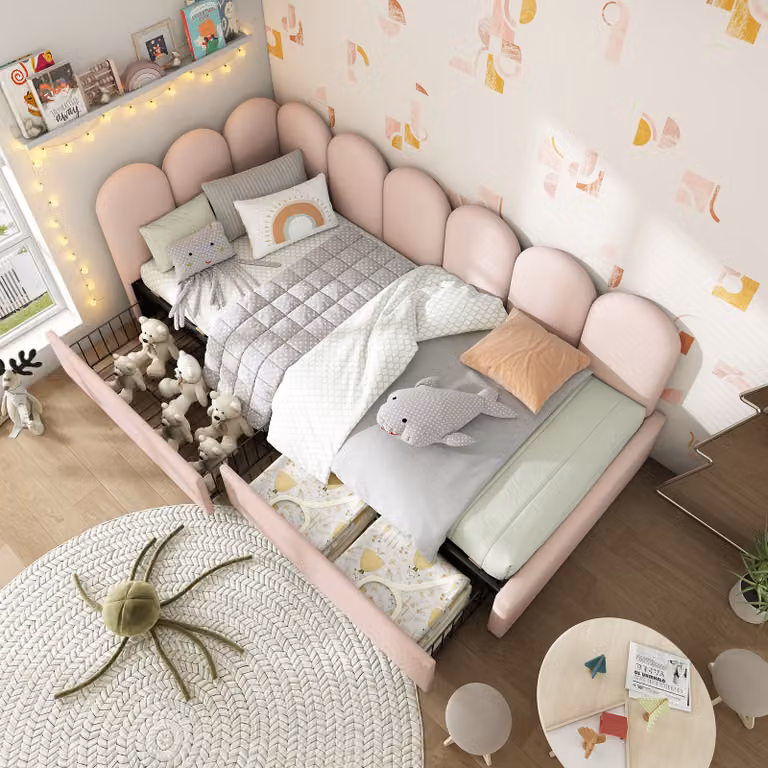 Letto imbottito STILVORA 90x200 con 2 ampi cassetti, divano letto con rete metallica, divano letto in velluto, senza materasso, color rosa