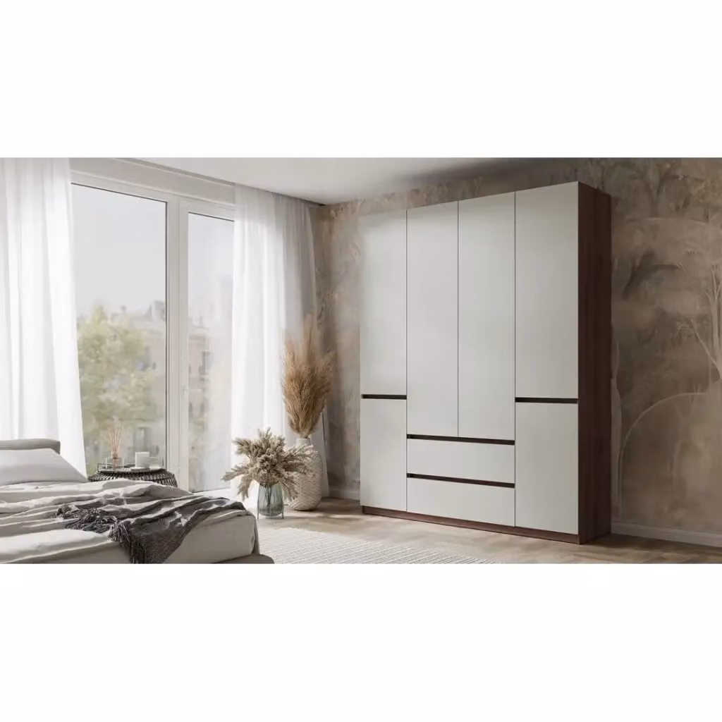 Armadio NUBIA Meublorama con 6 ante a battente e 2 cassetti, colore noce e grigio, L: 180 cm, H: 230 cm, P: 51 cm – 2