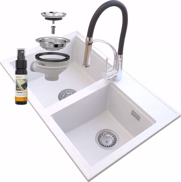 Granitan - Lavello in granito - Lavello da cucina - 2 vasche - 80x50 cm - Bianco - con rubinetteria NEXO e sifone - HEKTOR
