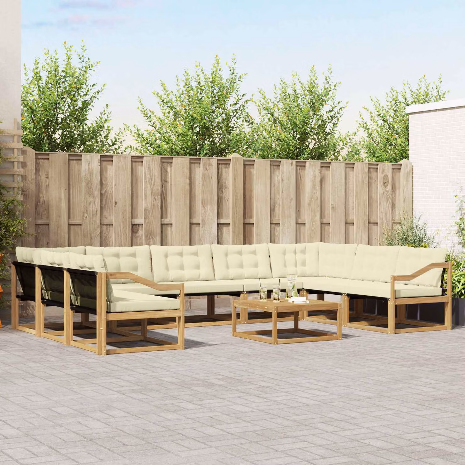 Set di divani da esterno vidaXL a forma di U in legno di acacia con tavolino e cuscini, Bianco e Beige