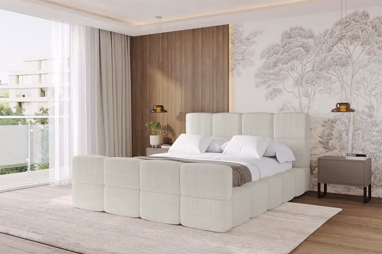 Letto imbottito ALTDECOR con contenitore - NATA-Z 120x200 color crema, letto con testiera, letto contenitore senza materasso, letto matrimoniale con contenitore