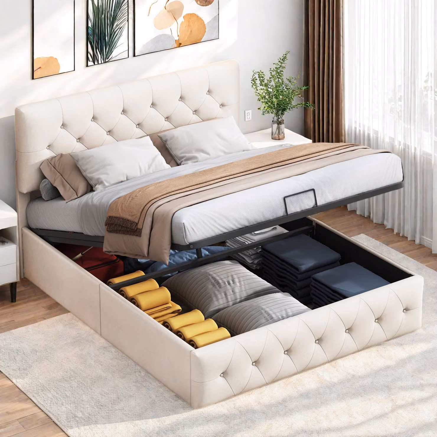 Letto imbottito Fortuna Lai 160x200 cm, letto a molle con rete a doghe, rete e testiera, velluto, beige