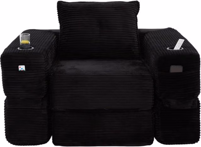 Divano letto pieghevole 122x198 cm in velluto a coste nero con tasche laterali