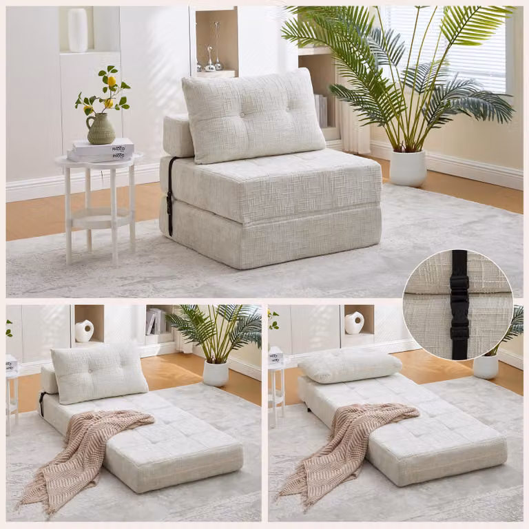 MODFU Divano pieghevole portatile con materasso pieghevole e schienale, letto pieghevole per soggiorno e camera da letto, poltrona relax con cuscino, beige