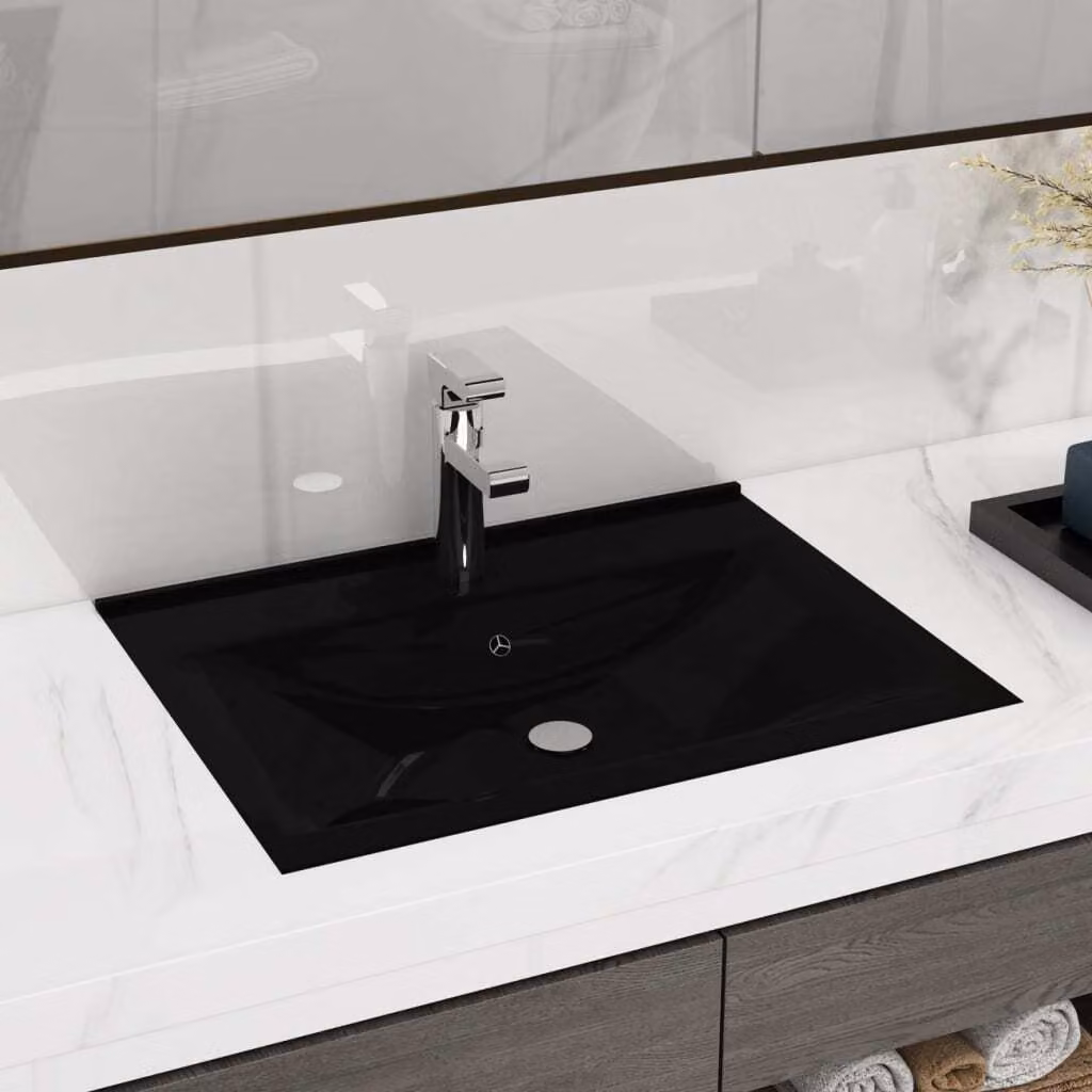 The Living Store Lavabo con foro per rubinetto nero opaco 60x46 cm in Vetroceramica