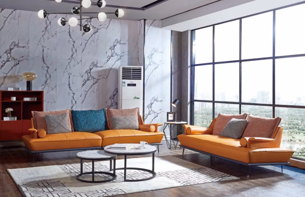Italienische Polster Sitz Garnitur 4+2 Gruppe Leder Couch Modernes Sofa Orange