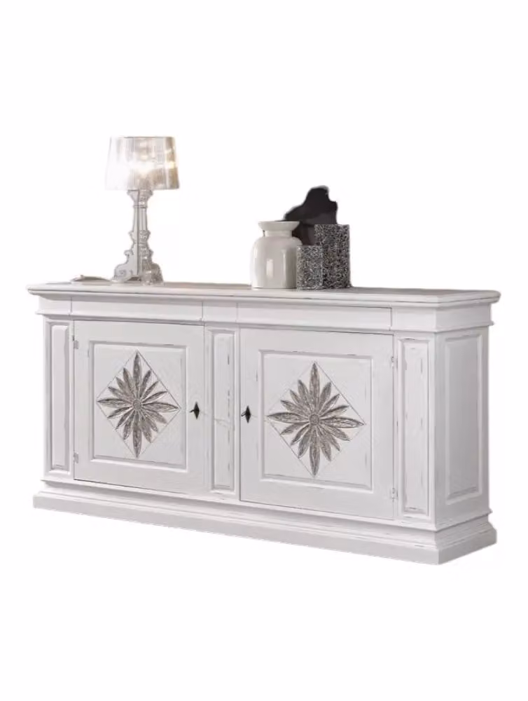 Credenza Shabby Chic con 2 Porte e 2 Cassetti in Legno con Intarsio Floreale Bianco Mobili 2G L: 230 cm, P: 57 cm, H: 113 cm – 1