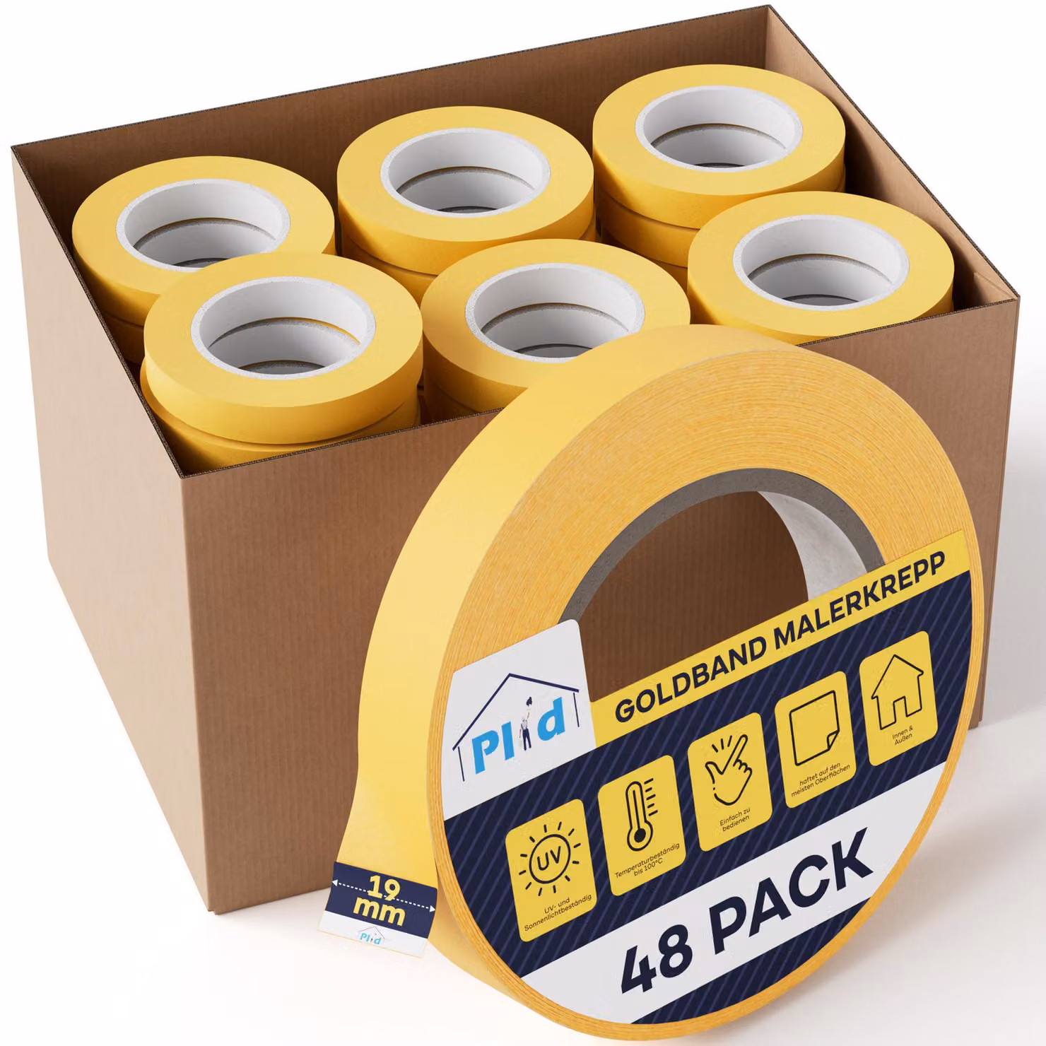 Nastro adesivo per imbianchini Plid® Goldband (19 mm x 50 m, 48 rotoli) - Nastro adesivo per imbianchini resistente all'umidità - Per interni ed esterni - Nastro di mascheratura per imbianchini, impedisce la fuoriuscita della vernice