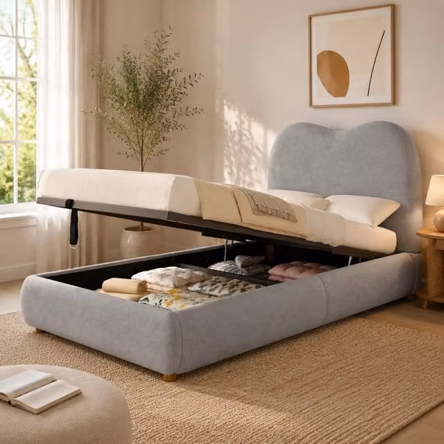 Letto singolo imbottito 90 x 200 cm, letto contenitore con apertura idraulica, rete a doghe e testiera imbottita, rivestimento effetto lino grigio