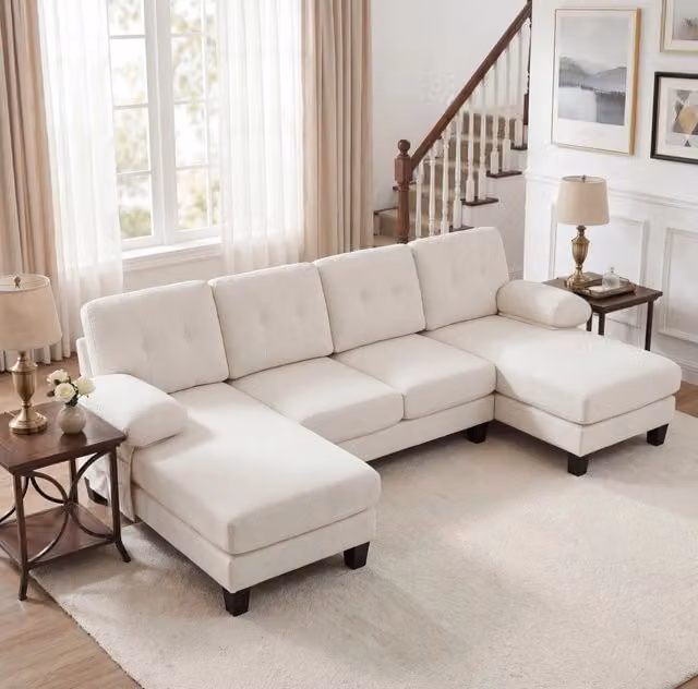 Divano a U 268x128x84 cm beige in ciniglia, doppia chaise longue