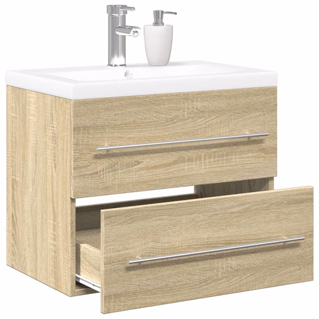 Set di mobili da bagno moderno vidaXL composto da 2 pezzi in legno rovere con armadietto a muro e mobile lavabo, L/P/H: 60 x 38,5 x 48 cm