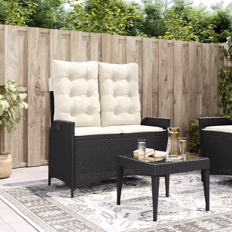 vidaXL Panca Reclinabile da Giardino in Polyrattan e Metallo con Cuscini Nera e Bianca