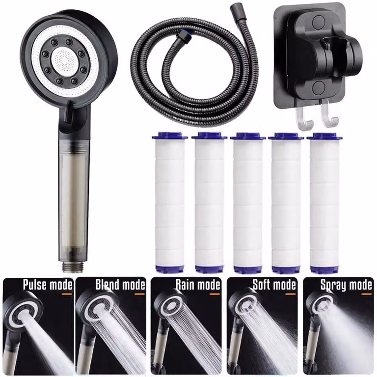 Set doccia ad alta pressione - Doccetta manuale - 5 getti - Tubo flessibile da 1,5 metri - Filtro - Risparmio idrico - Nero