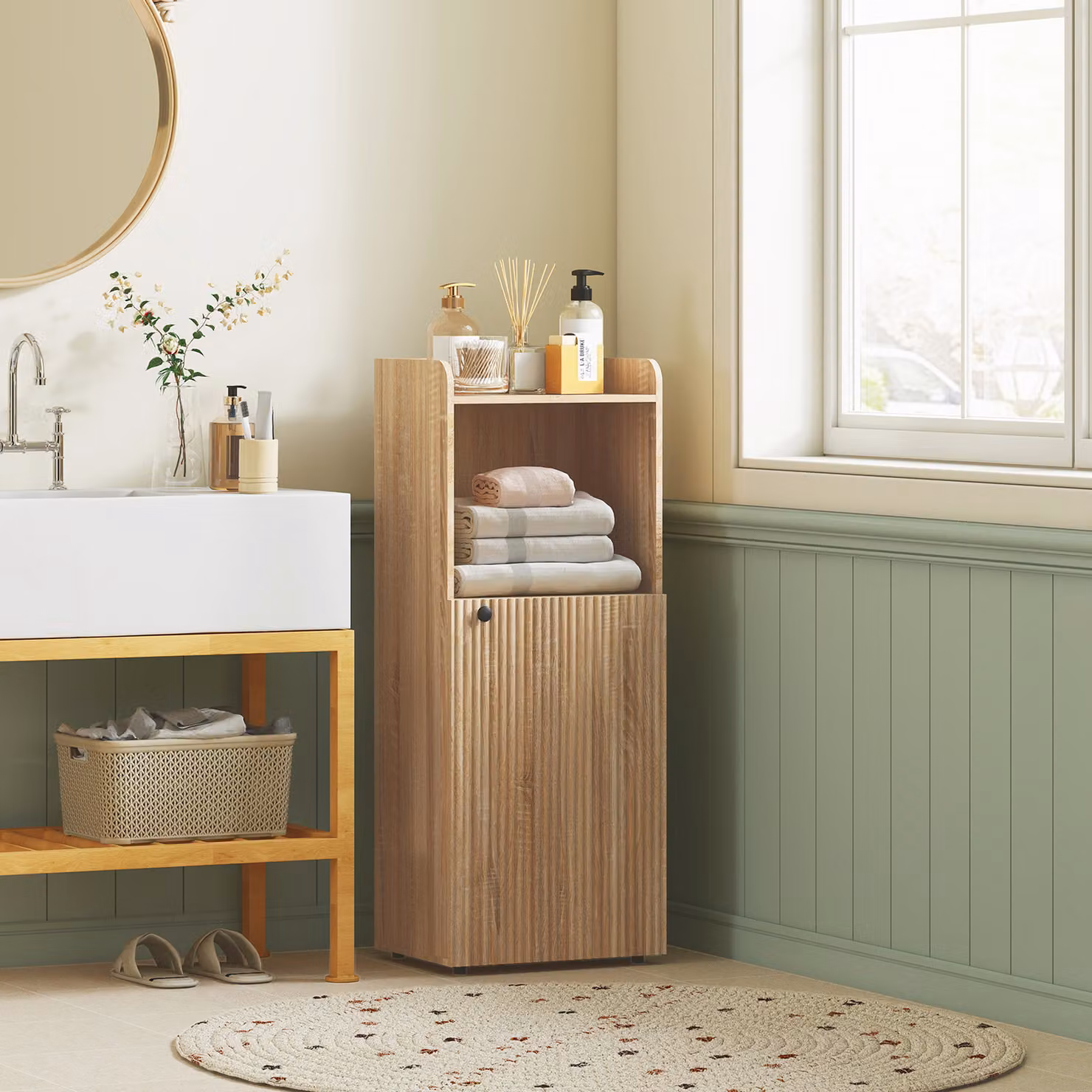 Mobile da bagno stretto HOMCOM con 4 livelli e scomparti aperti, rovere giallo, L 40 cm x P 31 cm x H 104 cm – 2