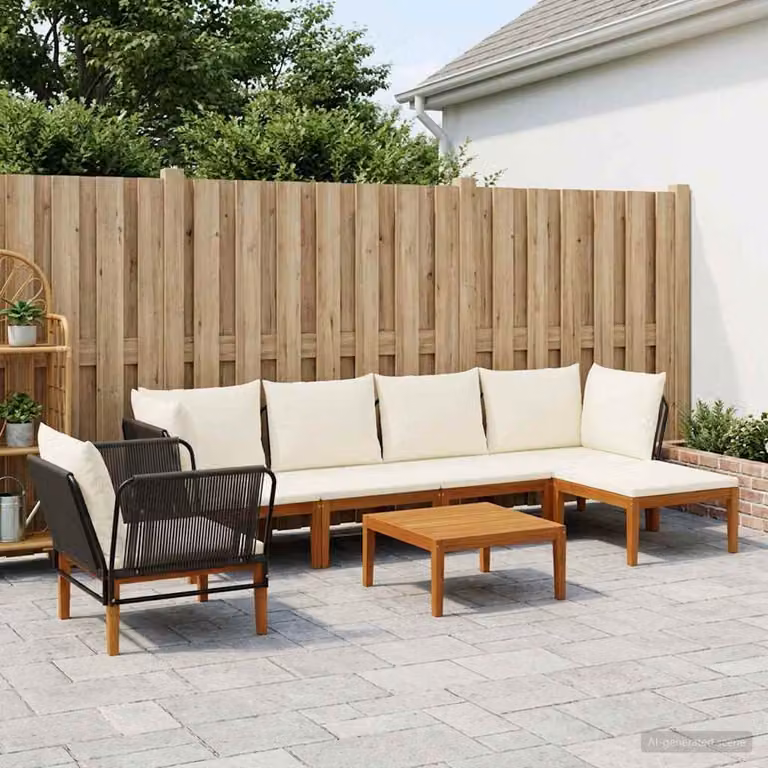 Set da giardino moderno vidaXL in 7 pezzi in legno massiccio di acacia e corda, colori beige, marrone e bianco