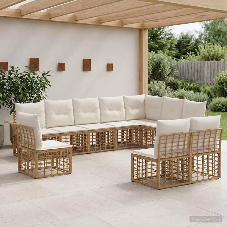 Set di divani da esterno vidaXL 10 pezzi a forma di U in stile rustico con struttura in metallo e cuscini inclusi, colori beige, bianco e marrone