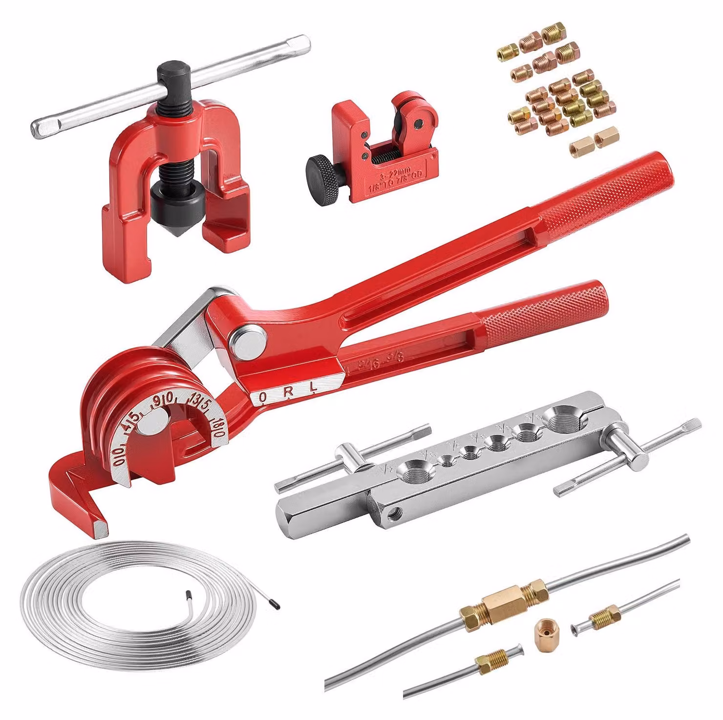 Set di attrezzi per la bordatura di tubi dei freni - Set di 5 pezzi - Bordatura semplice a 45° - Allargatore e piegatubi - Tubo dei freni 7,6 m x 4,76 mm - 20 raccordi e 2 connettori - Per autoveicoli