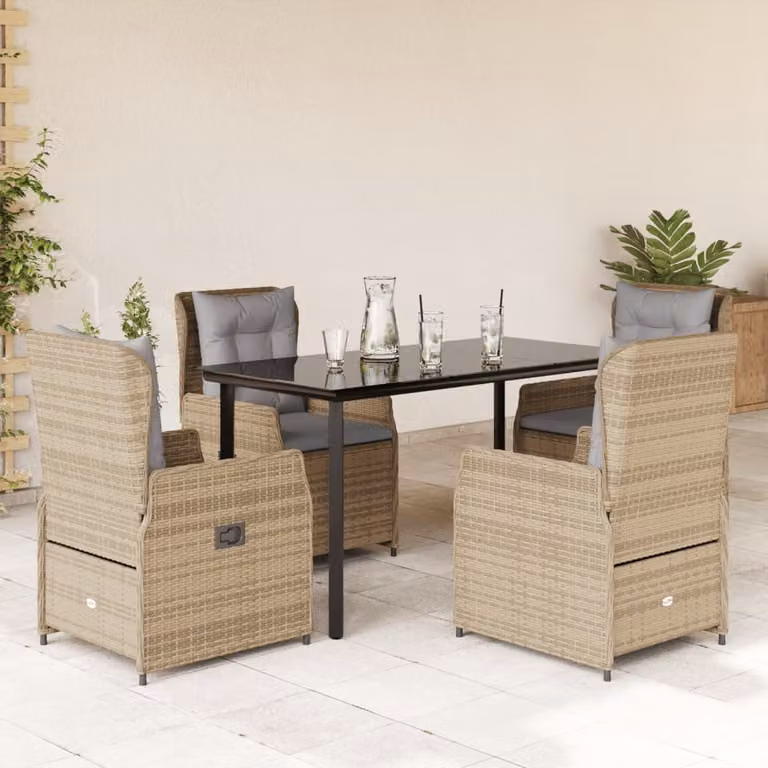Set da Pranzo da Giardino vidaXL in Polyrattan con Cuscini Beige e Tavolo in Vetro 5 pz