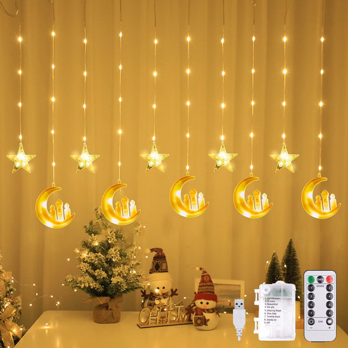 Catena luminosa per Ramadan, 100 LED, 3 metri, con stelle e lune, alimentata a batteria, grado di protezione IP44