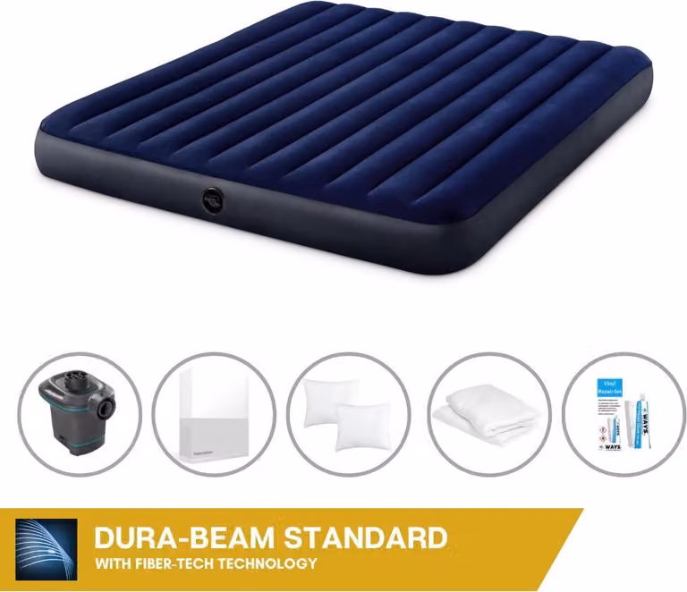 Letto ad aria Intex - 2 persone - 183 x 203 x 25 cm - Blu + pompa elettrica Intex - 650 litri/min + lenzuola bianche + cuscino + federe Molton 2 in 1 + set di riparazione