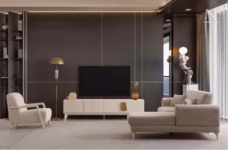 Divano angolare moderno, beige, imbottito, elegante, ideale per il soggiorno