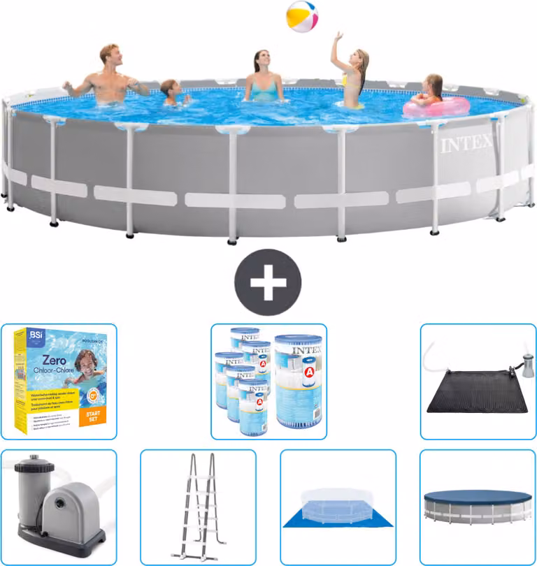 Piscina Intex Round Prism Frame - 610 x 132 cm - Grigio - inclusa pompa - scala - telo di fondo - pacchetto di manutenzione della copertura - filtro - tappetino solare