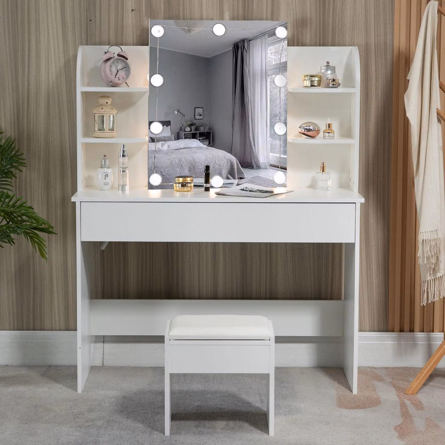 Comò da trucco con specchio, sgabello, cassetto e 4 ripiani, colore bianco