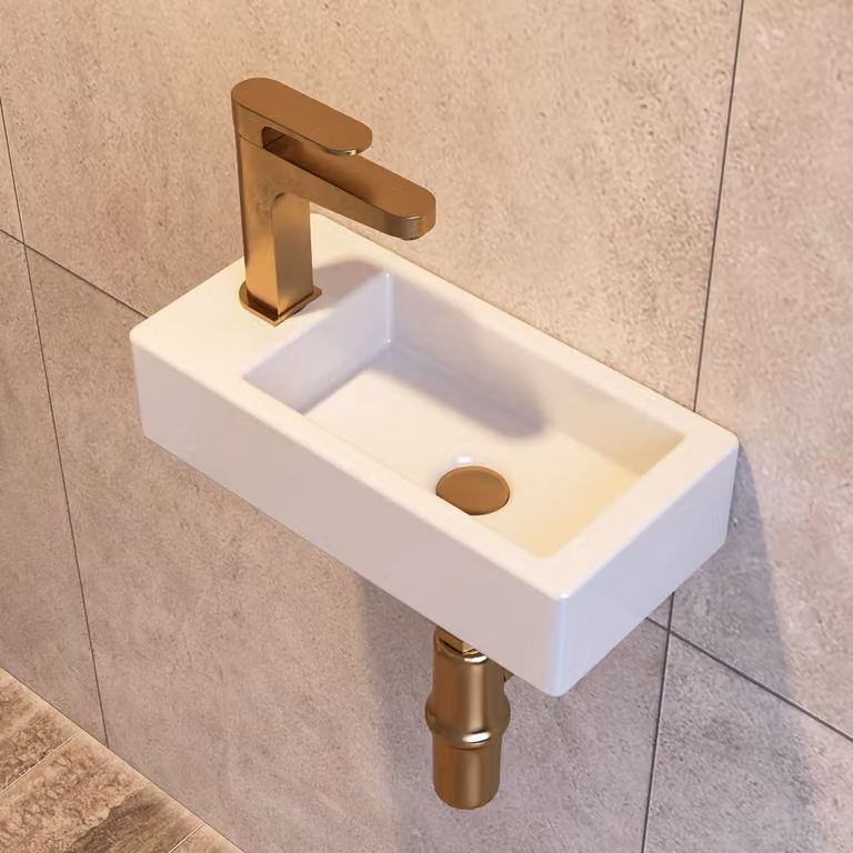 Lavabo da parete in Vetroceramica, bianco, con entrata a sinistra, forma rettangolare, dimensioni 36,5 x 18 x 9 cm