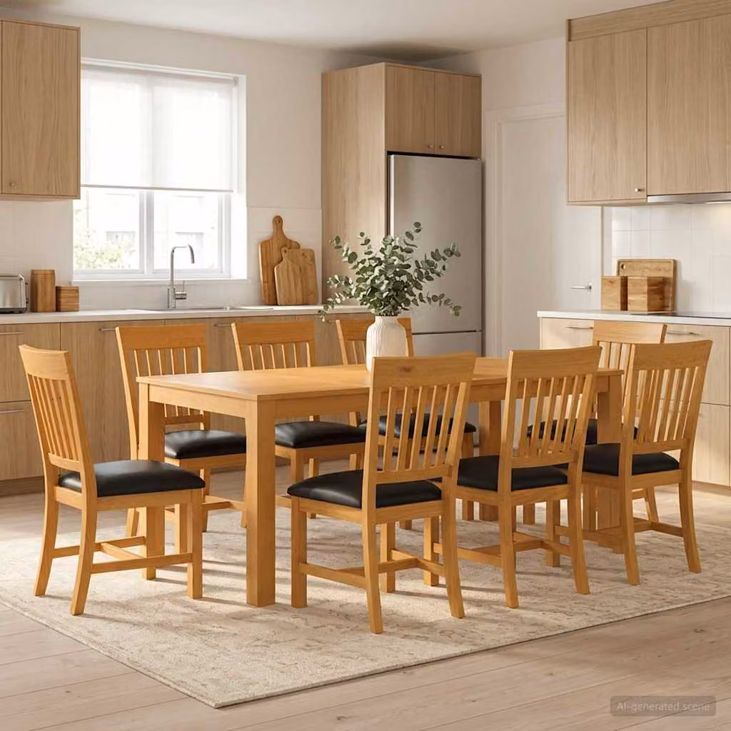 Set da pranzo moderno vidaXL in legno di quercia massello composto da 9 pezzi, colore nero e marrone, tavolo rettangolare e sedie