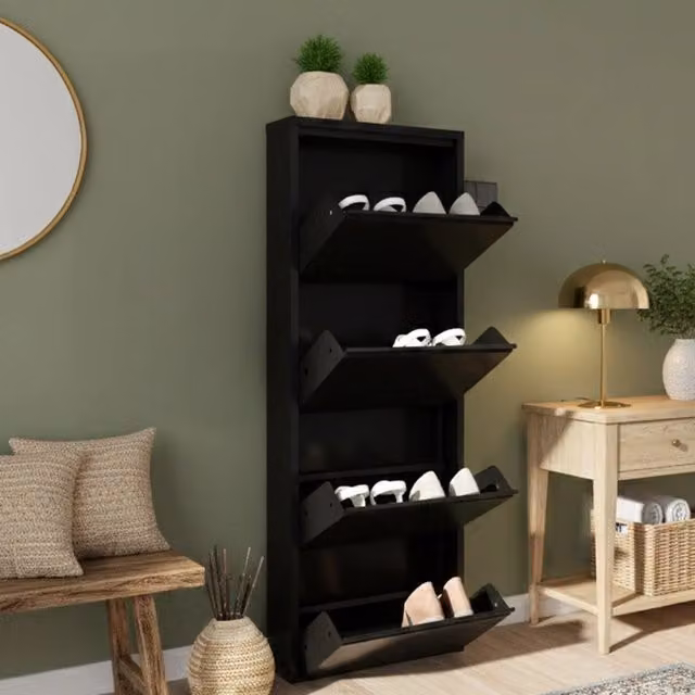 Scarpiera Axe DMORA in metallo nero opaco, mobile porta scarpe moderno da parete con vani basculanti, L: 50 cm, P: 15 cm, H: 138 cm