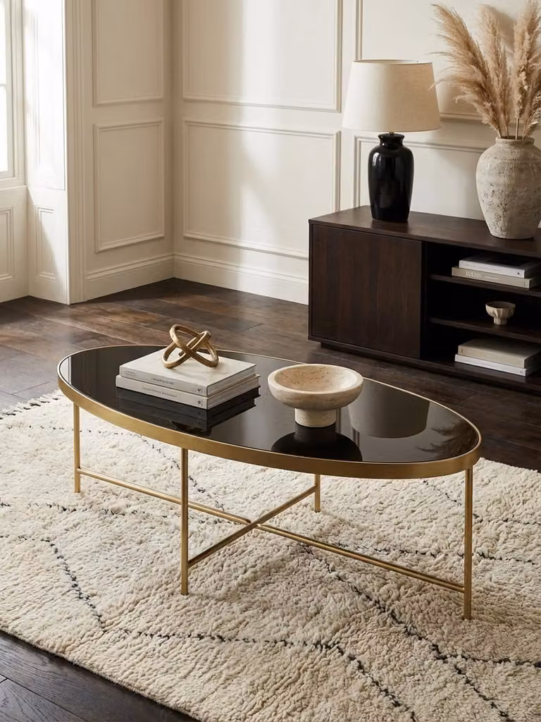 Tavolino design in vetro nero - ovale 110 x 56 cm con struttura in metallo dorato, grande tavolo da salotto, tavolo da salotto in vetro