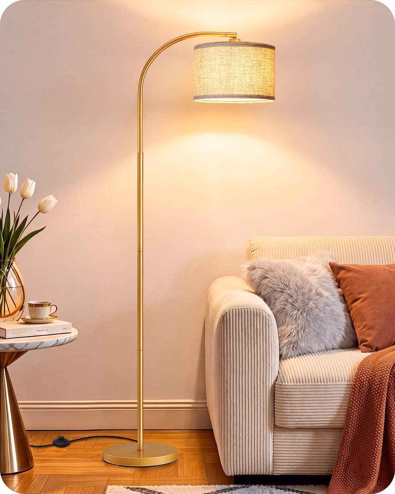 Lampada da terra per soggiorno, con testa regolabile, lampada ad arco a LED con paralume in lino beige